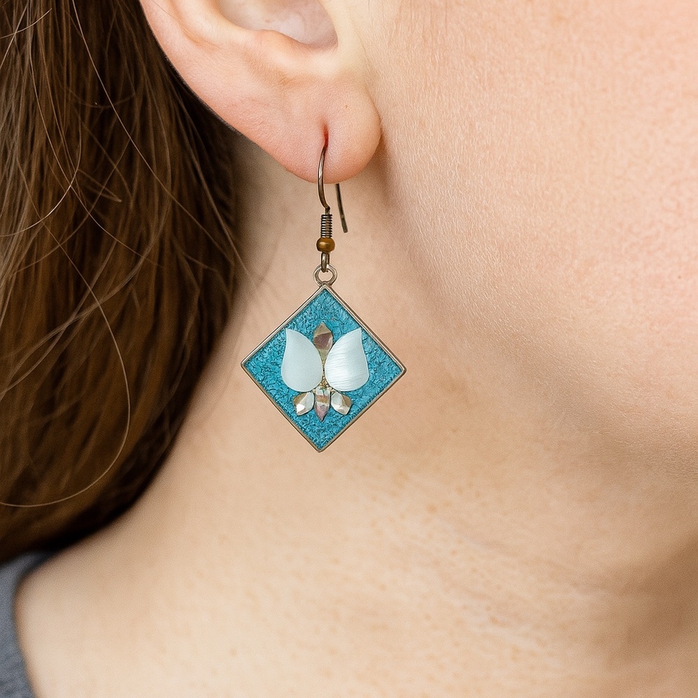 Butterfly Earrings Turquoise Mother of Pearl Alpaca Pierced dangle vintage